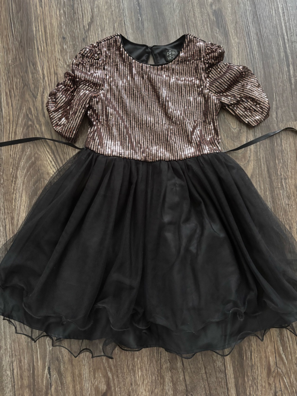 Pink & Violet Girls' Black Tulle Dress with Rose Gold Sequin Bodice